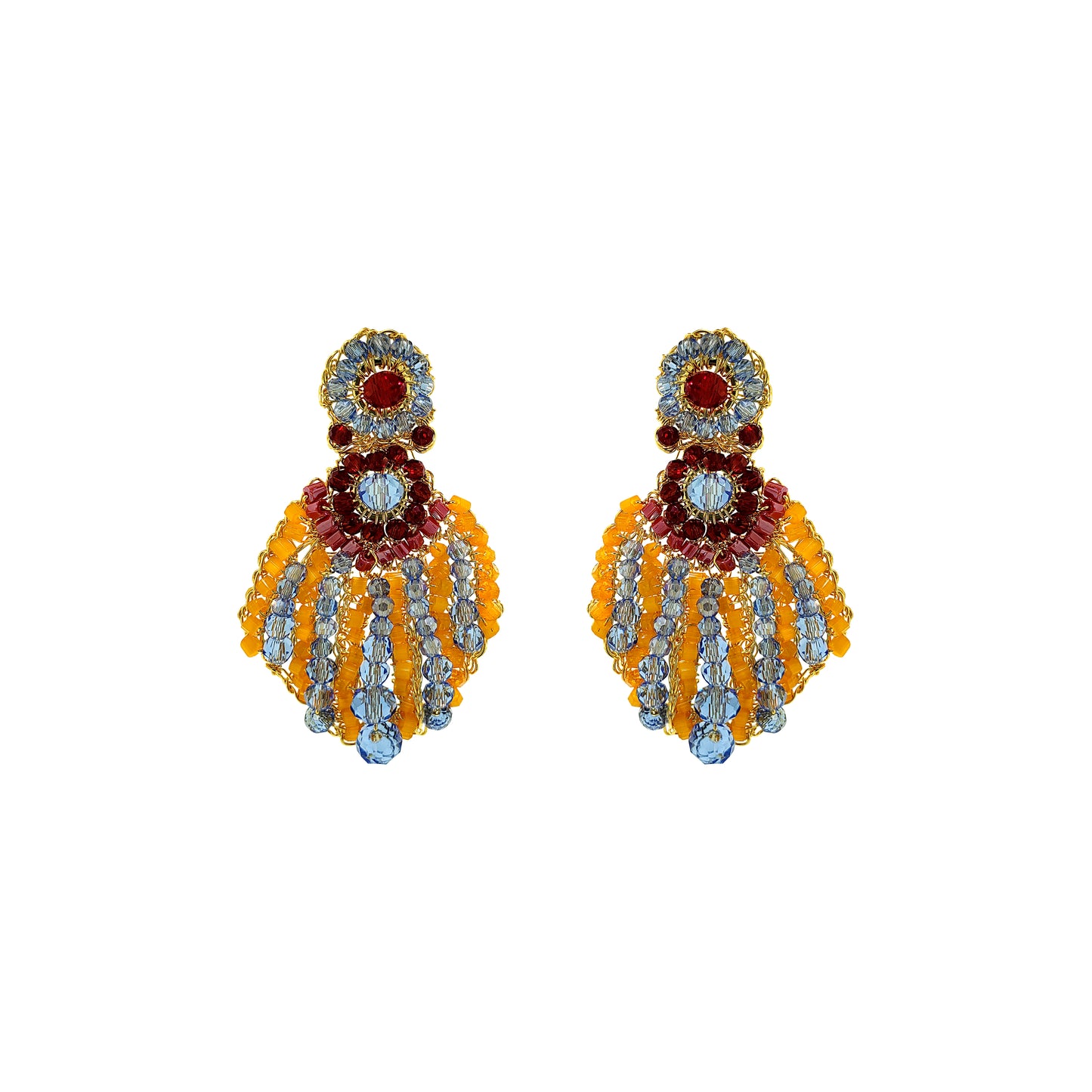 Drop-Blue-Red-Orange-Gold-Sea-Shell-Handmade-Crochet-Earrings-18k-gold-filled-wire-hypoallergenic-lightweight-statement-soul-collection