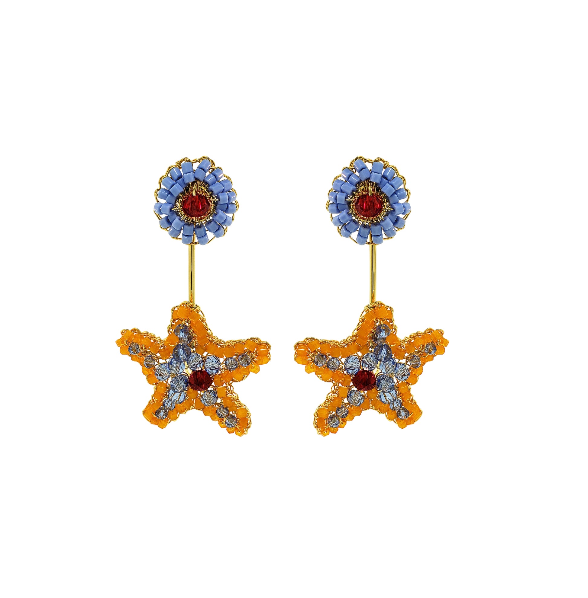Drop-Blue-Red-Orange-Gold-Sea-Star-Dangle-Handmade-Crochet-Earrings-18k-gold-filled-wire-hypoallergenic-lightweight-statement-soul-collection