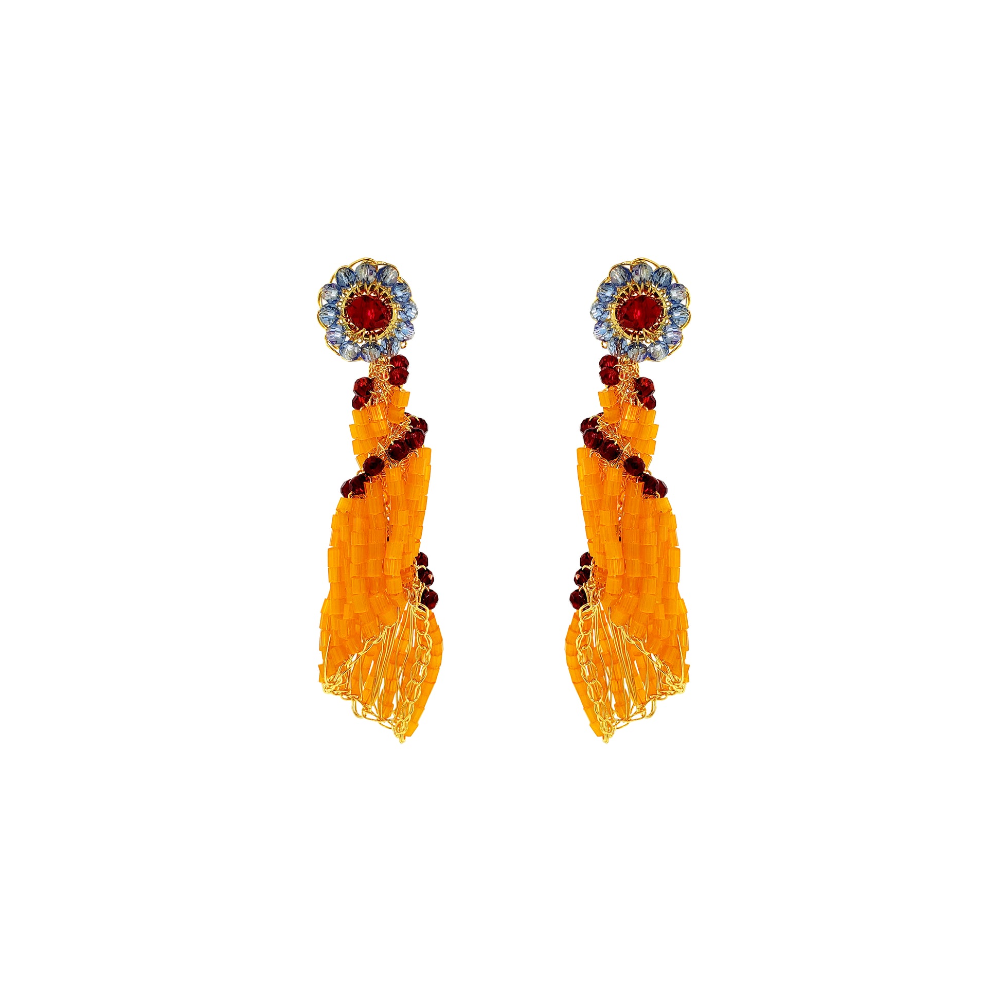 Drop-Blue-Red-Orange-Gold-Tower-Sea-Shell-Handmade-Crochet-Earrings-18k-gold-filled-wire-hypoallergenic-lightweight-statement-soul-collection