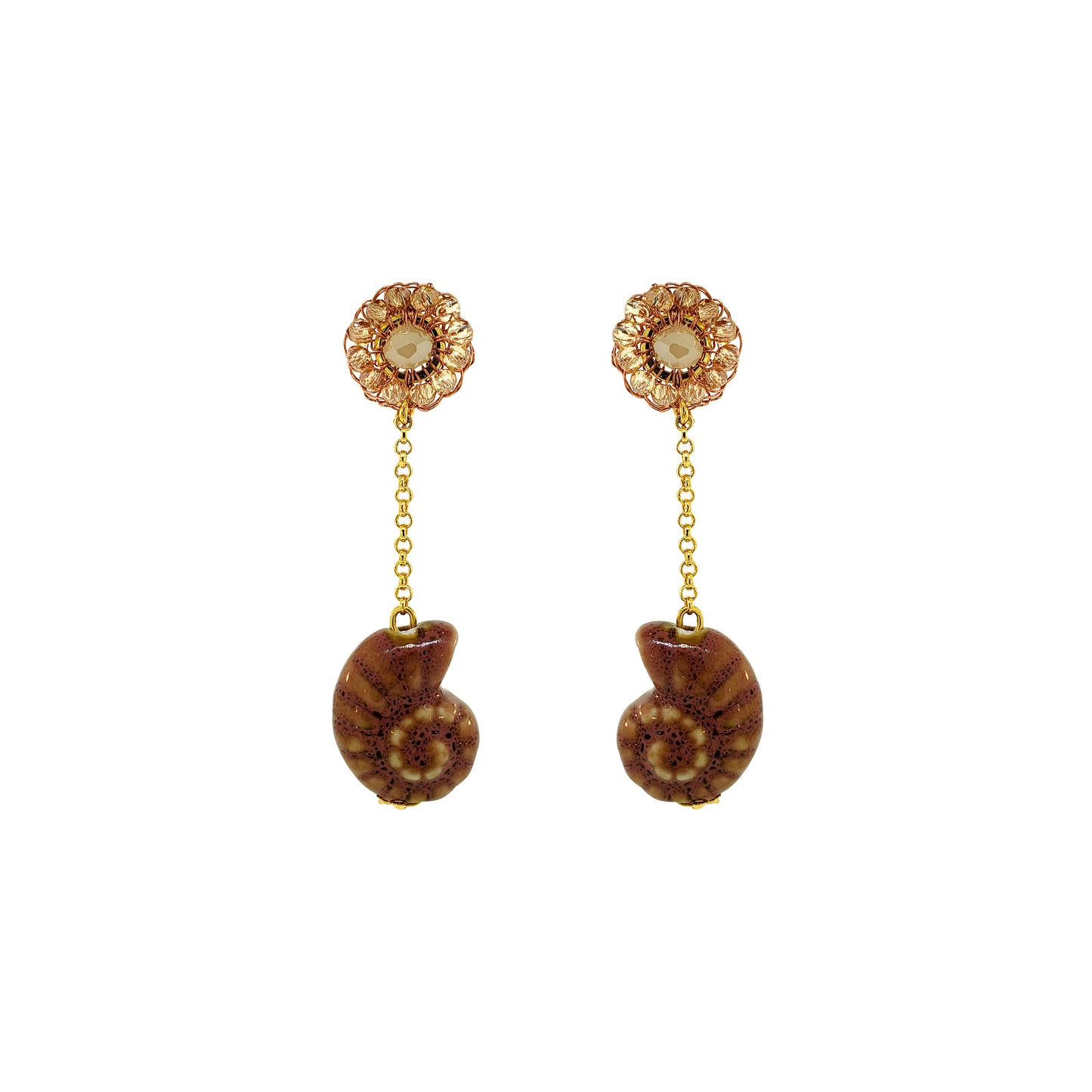 Drop-Butter-Yellow-Brown-Gold-Sea-Shell-Dangle-Handmade-Crochet-Earrings-18k-gold-filled-wire-hypoallergenic-lightweight-statement-soul-collection