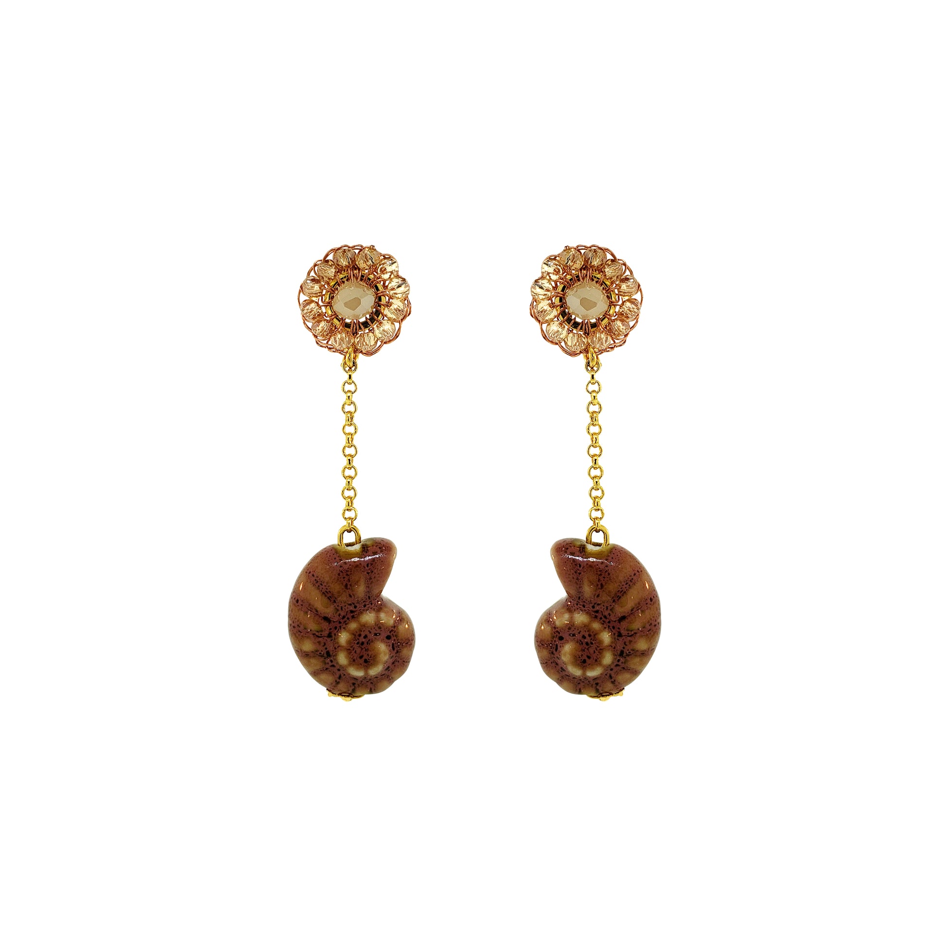 Drop-Butter-Yellow-Brown-Gold-Sea-Shell-Dangle-Handmade-Crochet-Earrings-18k-gold-filled-wire-hypoallergenic-lightweight-statement-soul-collection