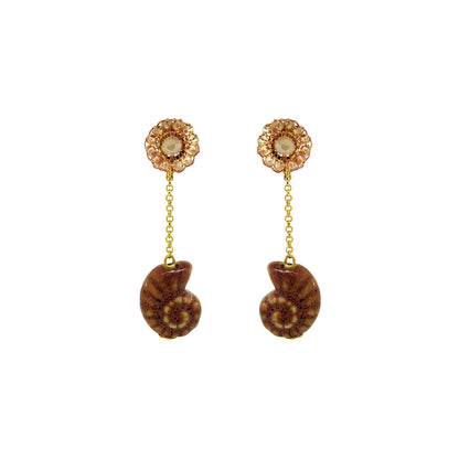 Drop-Butter-Yellow-Brown-Gold-Sea-Shell-Dangle-Handmade-Crochet-Earrings-18k-gold-filled-wire-hypoallergenic-lightweight-statement-soul-collection
