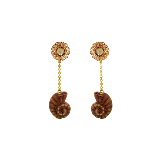 Drop-Butter-Yellow-Brown-Gold-Sea-Shell-Dangle-Handmade-Crochet-Earrings-18k-gold-filled-wire-hypoallergenic-lightweight-statement-soul-collection