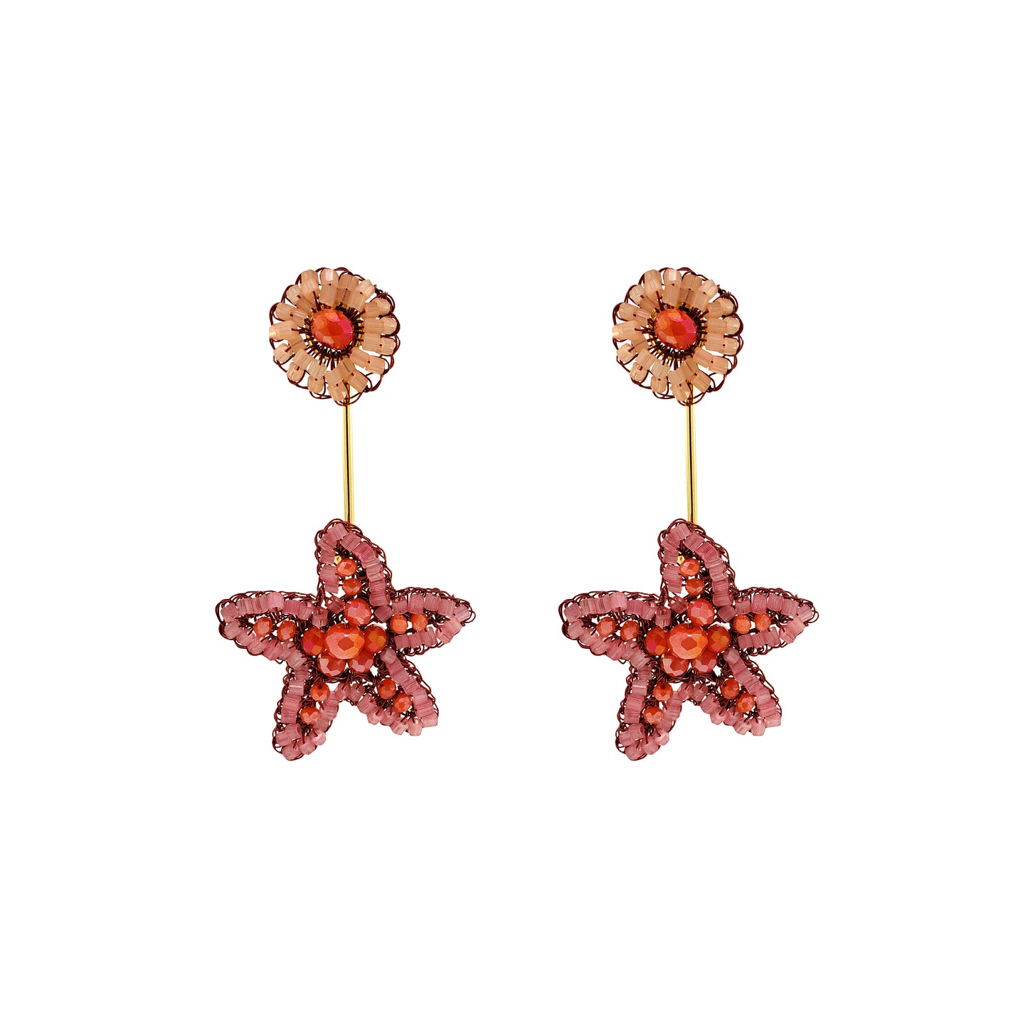 Drop-Coral-Red-Orange-Gold-Sea-Star-Dangle-Handmade-Crochet-Earrings-18k-gold-filled-wire-hypoallergenic-lightweight-statement-soul-collection