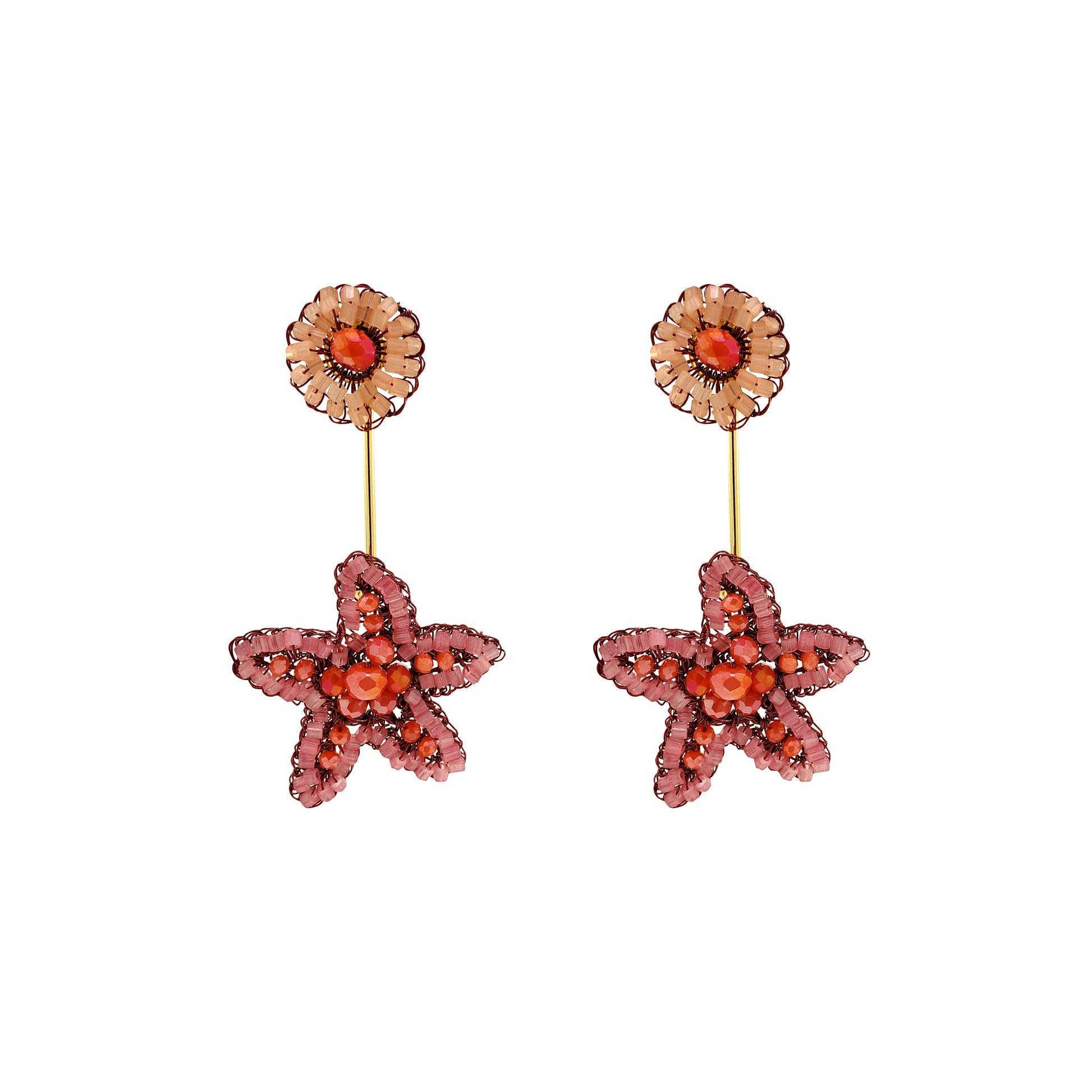 Drop-Coral-Red-Orange-Gold-Sea-Star-Dangle-Handmade-Crochet-Earrings-18k-gold-filled-wire-hypoallergenic-lightweight-statement-soul-collection
