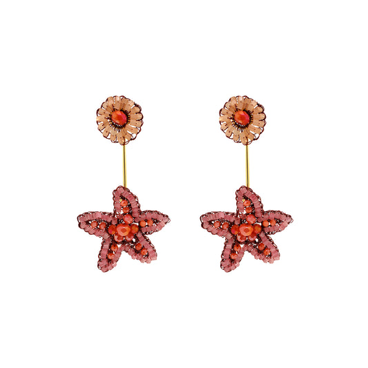 Drop-Coral-Red-Orange-Gold-Sea-Star-Dangle-Handmade-Crochet-Earrings-18k-gold-filled-wire-hypoallergenic-lightweight-statement-soul-collection