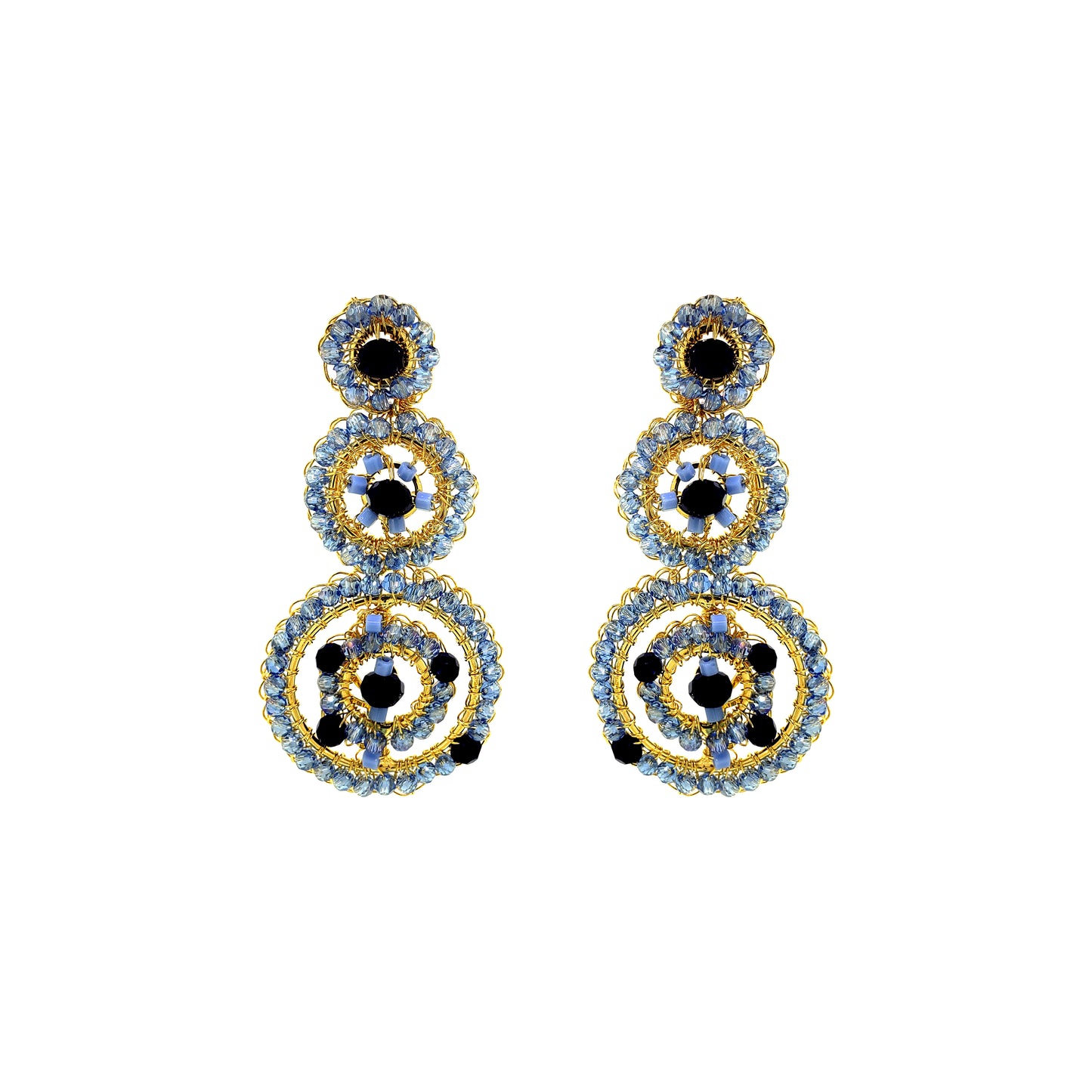 Drop-Geometric-Blue-Gold-Chronos-Trio-Handmade-Crochet-Earrings-18k-gold-filled-wire-hypoallergenic-lightweight-statement-soul-collection