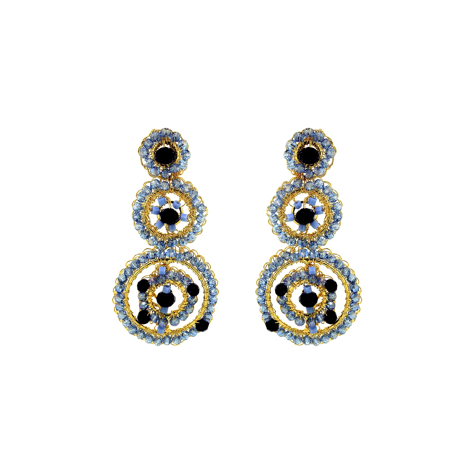 Drop-Geometric-Blue-Gold-Chronos-Trio-Handmade-Crochet-Earrings-18k-gold-filled-wire-hypoallergenic-lightweight-statement-soul-collection