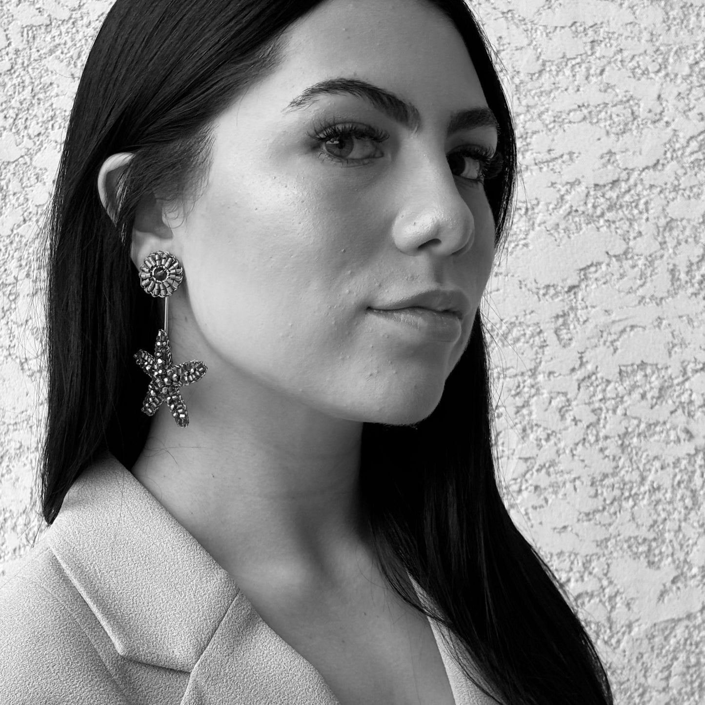 Drop-Gold-Sea-Star-Dangle-Handmade-Crochet-Earrings-18k-gold-filled-wire-hypoallergenic-lightweight-statement-soul-collection- model