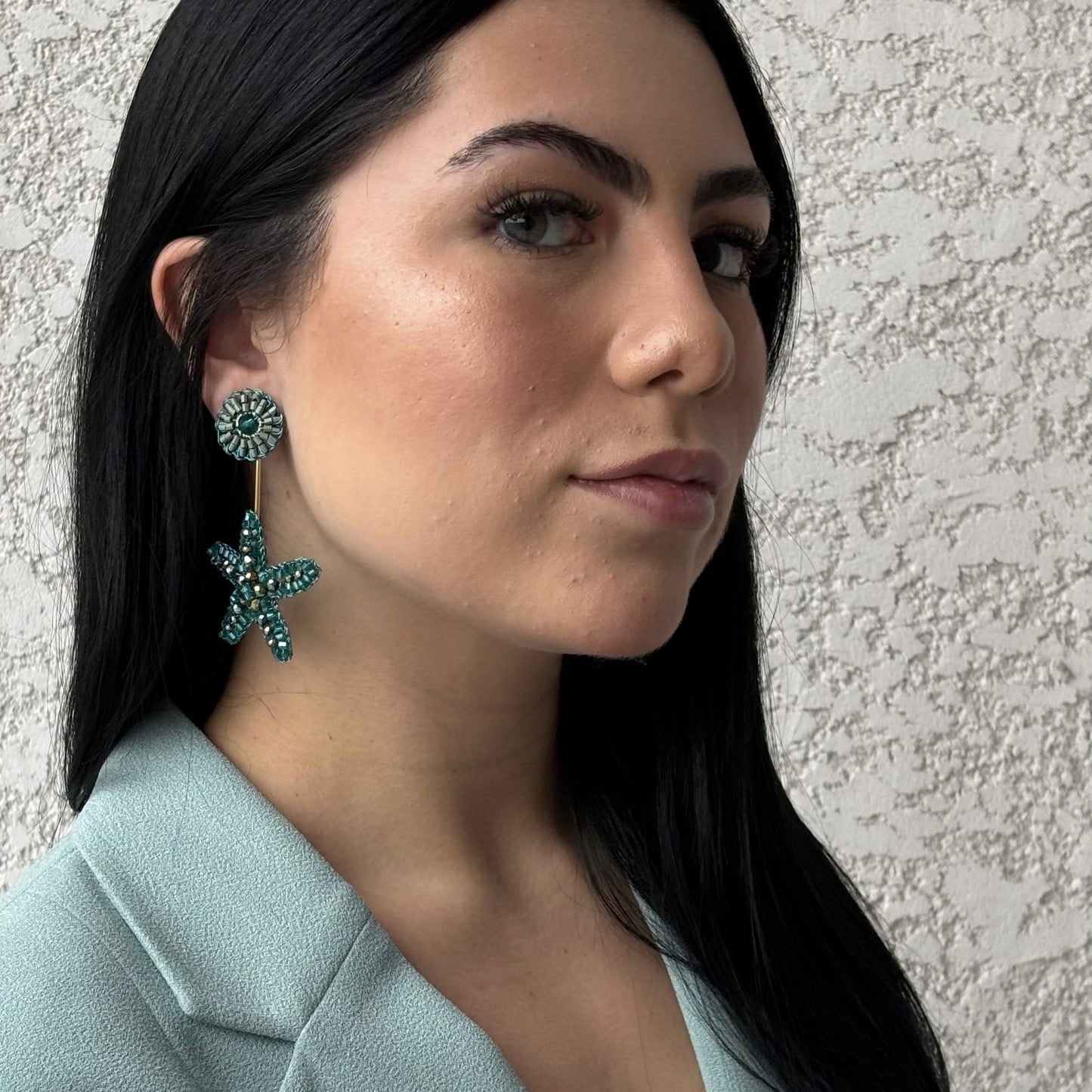 Drop-Teal-Green-Gold-Sea-Star-Dangle-Handmade-Crochet-Earrings-18k-gold-filled-wire-hypoallergenic-lightweight-statement-soul-collection-model