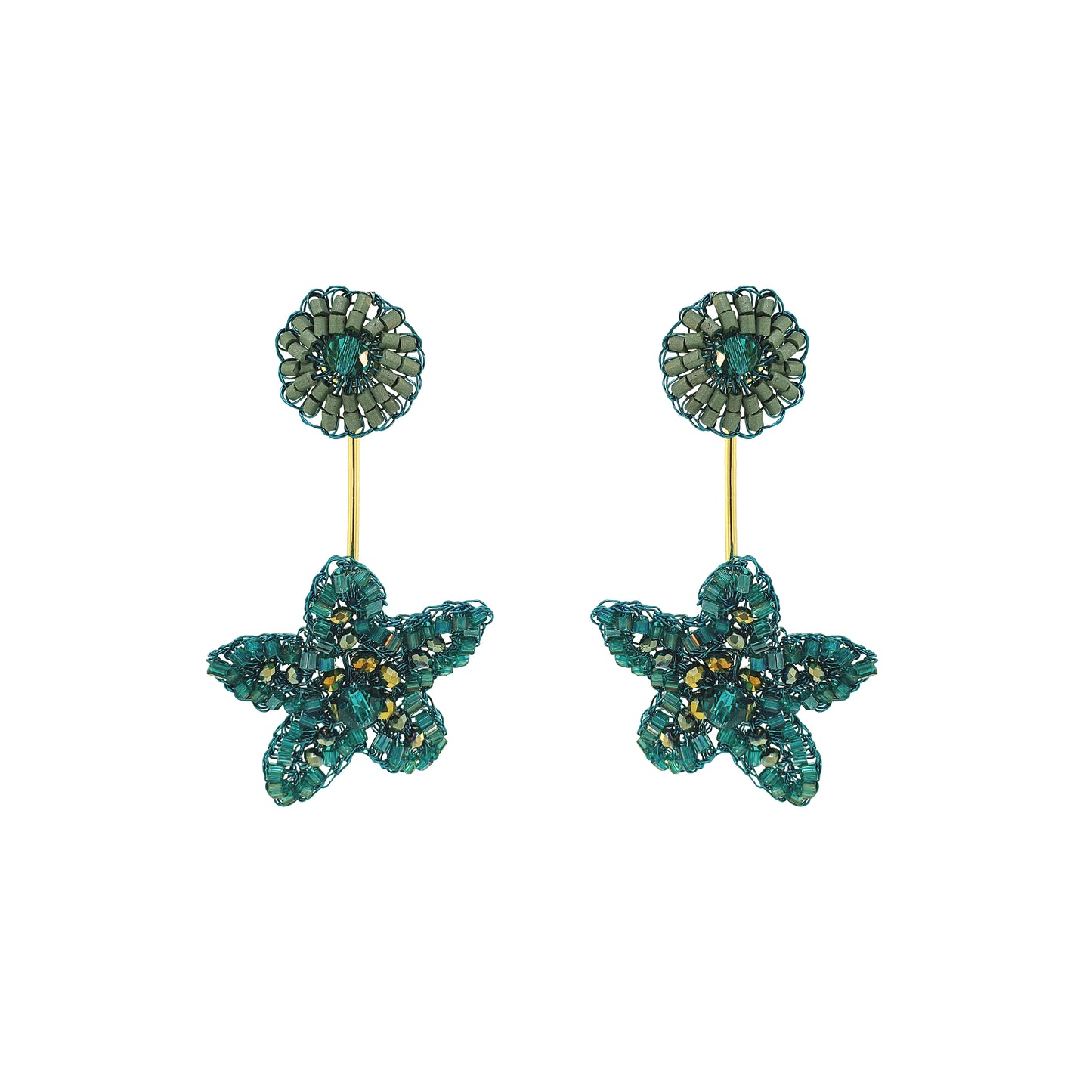 Drop-Teal-Green-Gold-Sea-Star-Dangle-Handmade-Crochet-Earrings-18k-gold-filled-wire-hypoallergenic-lightweight-statement-soul-collection
