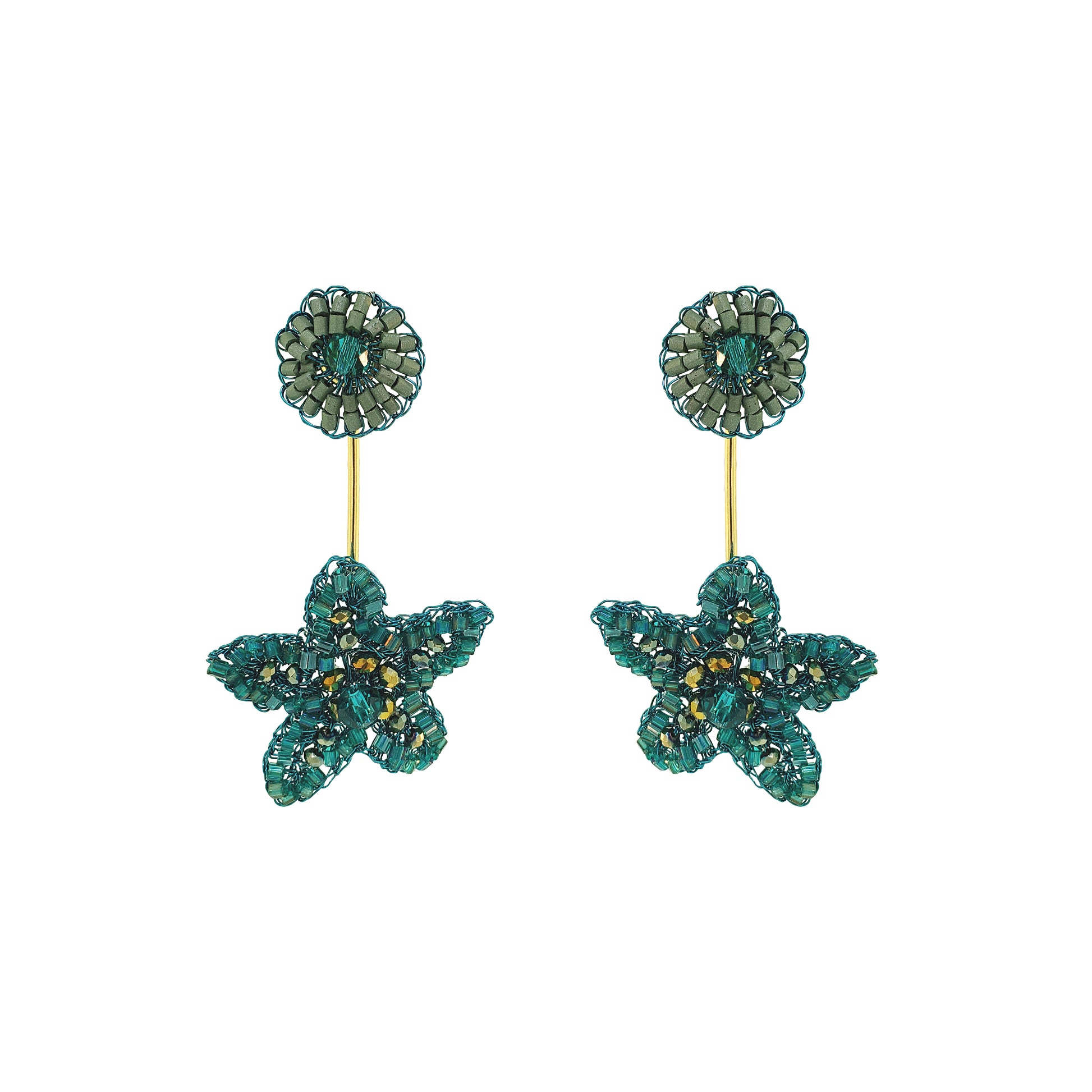 Drop-Teal-Green-Gold-Sea-Star-Dangle-Handmade-Crochet-Earrings-18k-gold-filled-wire-hypoallergenic-lightweight-statement-soul-collection