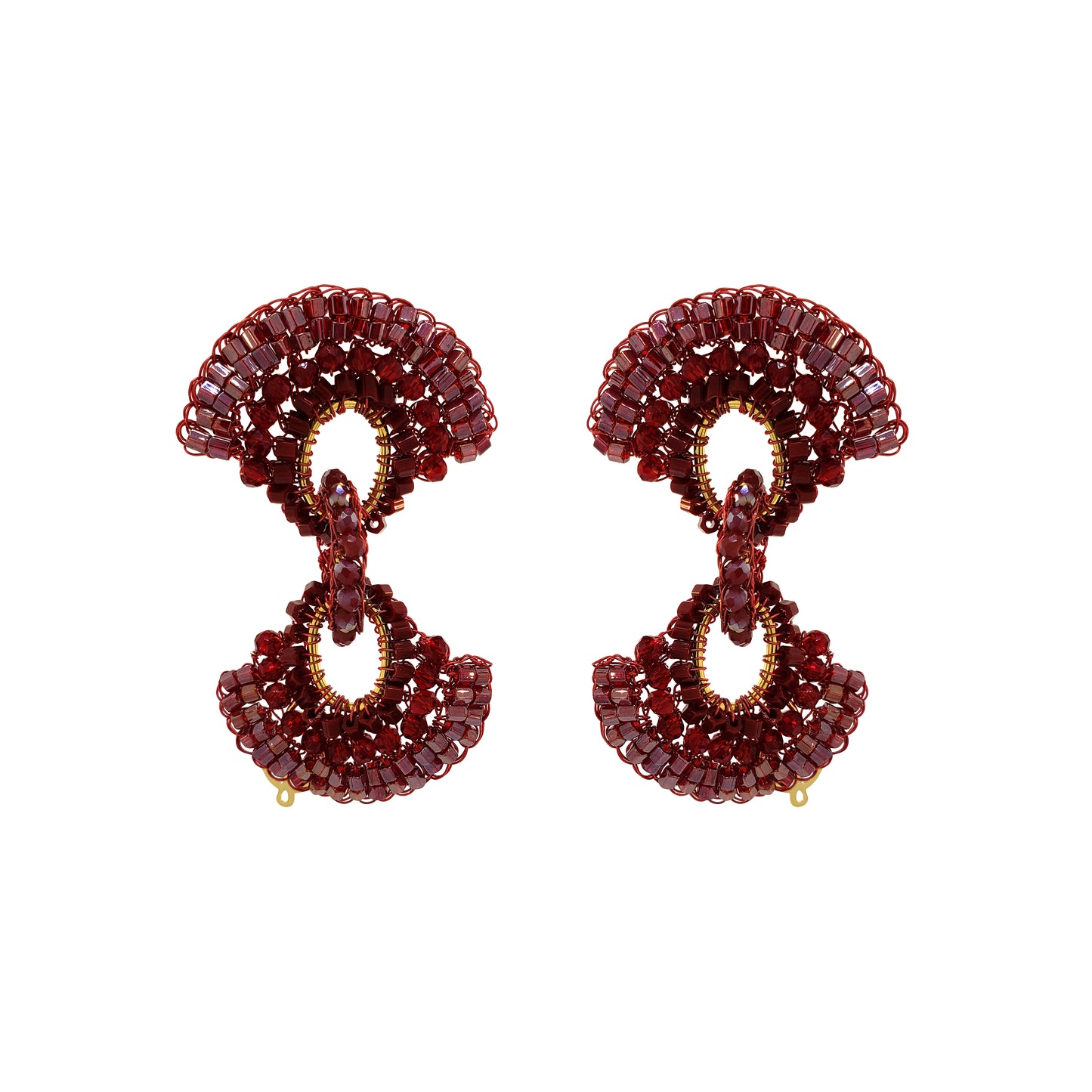 A pair of statement drop earrings crafted from faceted deep red gemstones and accented with gold-tone metal, shown against a plain white background. Red hand-crocheted Duo statement earrings with sparkling bead accents, fan-shaped details and a double-drop silhouette, handmade in Brazil.
