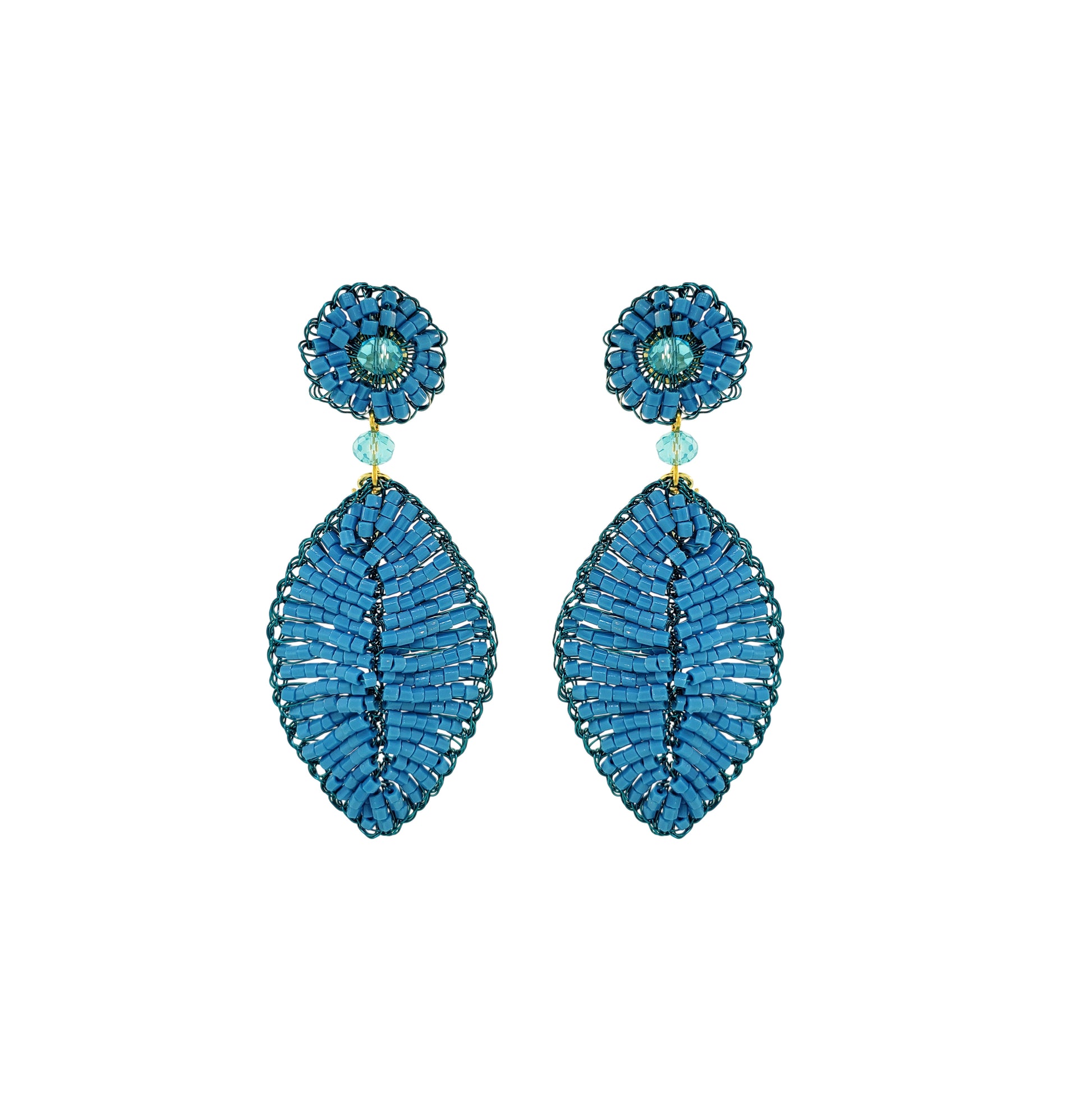 Electric-Blue-Leaf-Mini-Handmade-Crochet-Earrings-18k-gold-filled-wire-hypoallergenic-lightweight-statement-brazilian-soul-collection