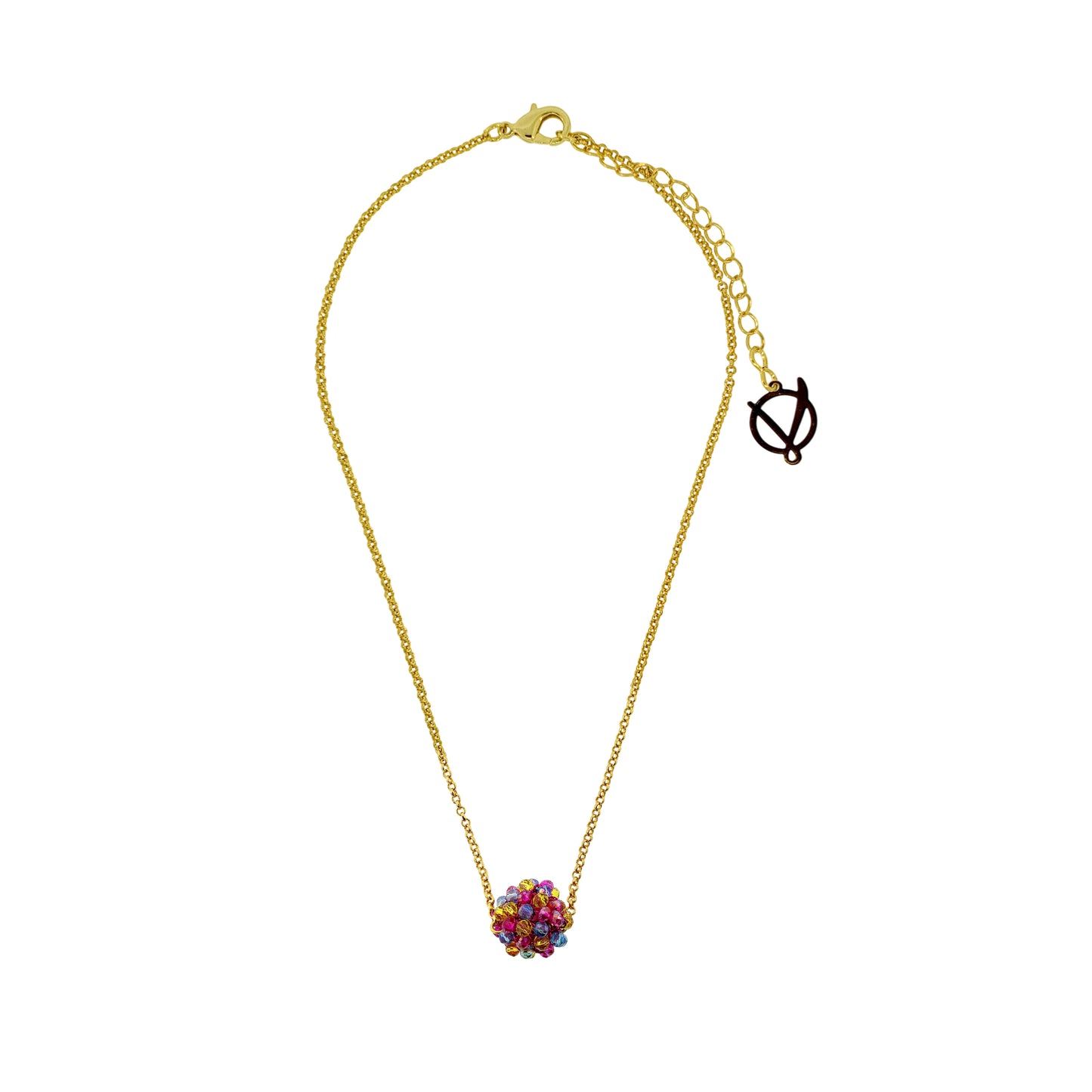 Electric-Blue-Yellow-Fuchsia-Gold-Mini-Crystal-Sphere-Maya-Handmade-Crochet-Necklace-18k-gold-filled-wire-hypoallergenic-lightweight-statement-brazilian-soul-collection