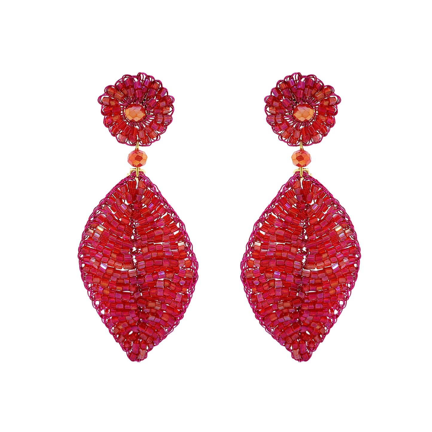 Electric-Fuchsia-Leaf-Mini-Handmade-Crochet-Earrings