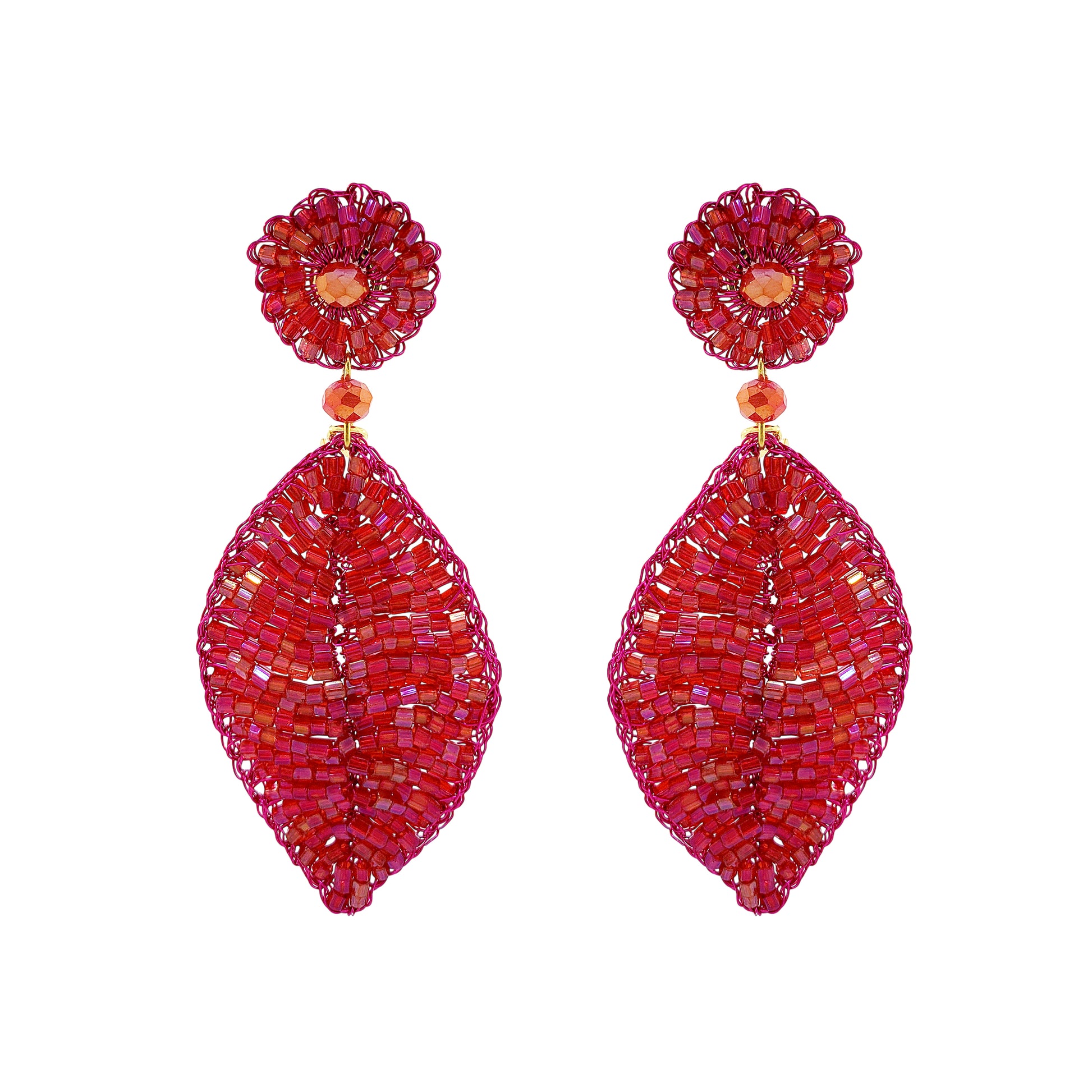 Electric-Fuchsia-Leaf-Mini-Handmade-Crochet-Earrings