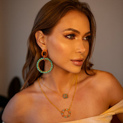 Electric-Green-Pink-Purple-Orange-Gold-Mini-Crystal-Sphere-Maya-Handmade-Crochet-Necklace-Earrings-Model-18k-gold-filled-wire-hypoallergenic-lightweight-statement-brazilian-soul-collection
