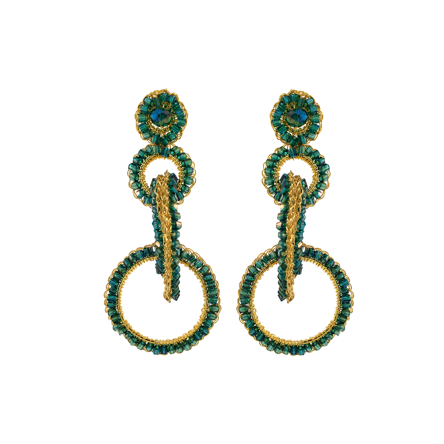 A pair of emerald green and gold hand-crocheted earrings with sparkling crystals. Interlocked link hand-crocheted earrings handmade in Brazil with 18 karat gold filled wire, emerald green beads, sparkling crystal accents, and layered circular links.