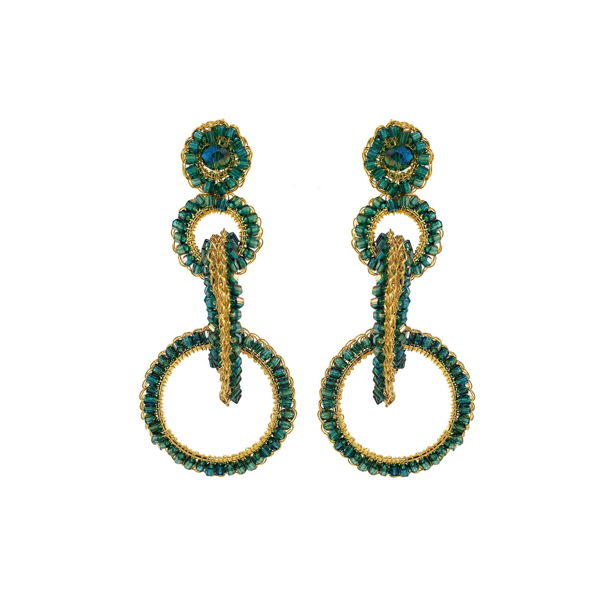A pair of emerald green and gold hand-crocheted earrings with sparkling crystals. Interlocked link hand-crocheted earrings handmade in Brazil with 18 karat gold filled wire, emerald green beads, sparkling crystal accents, and layered circular links.