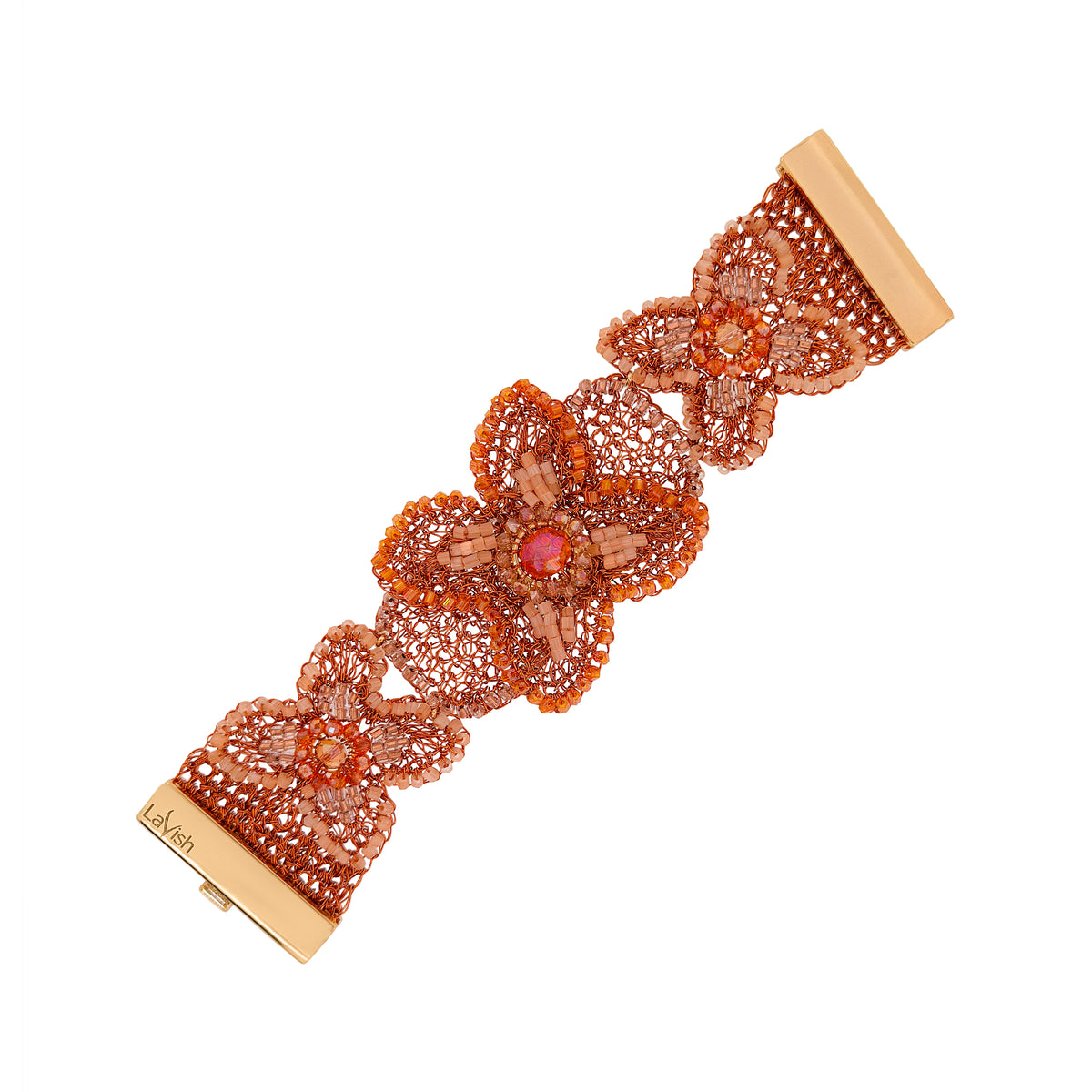 Shop the Flame Mix Orchid Bloom Maxi Bracelet. Handmade in Brazil with intricate copper wire crochet, vibrant floral details, and sparkling crystals.
