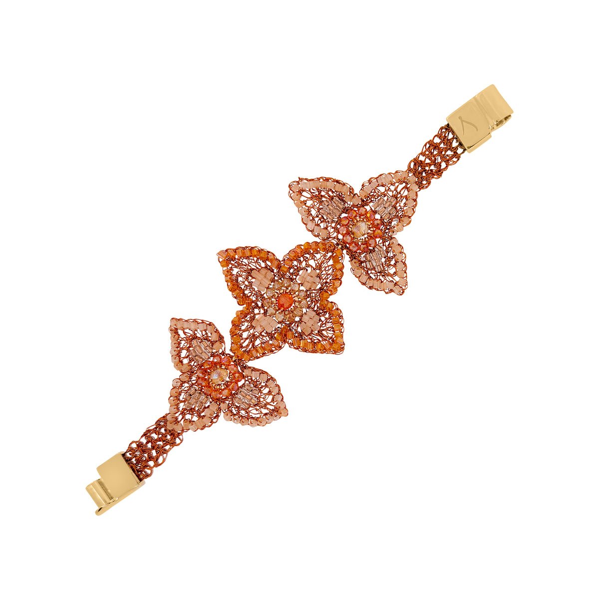 Shop the Flamme Mix Orchid Bloom Maxi Bracelet. Handcrafted in Brazil with vibrant floral crochet, shimmering crystals, and a magnetic clasp.