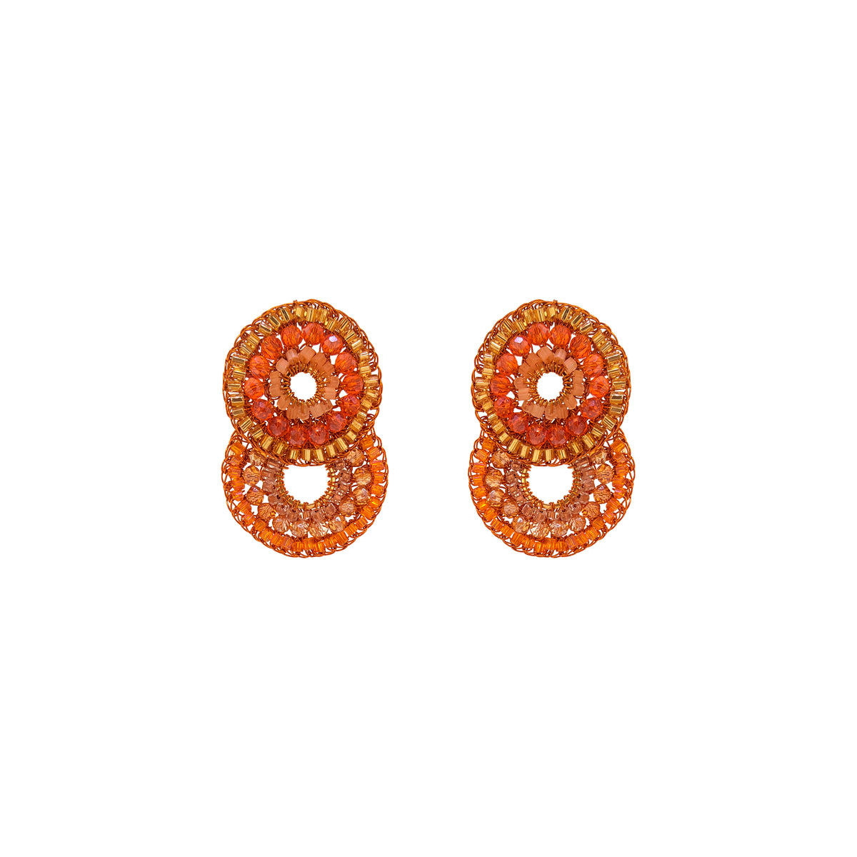Flamme Mix Gush Small handmade crochet earrings featuring cascading circular designs with orange, amber, gold, and peach crystals woven in gold-filled wire.