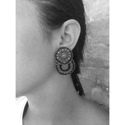 Double-Mandala-Gold-Gush-Cascade-Handmade-Crochet-Earrings-18k-gold-filled-wire-hypoallergenic-lightweight-statement-soul-collection-model Shop Flamme Mix Gush Small Earrings. Hand-crocheted in Brazil with vibrant orange crystals and gold-filled wire. Lightweight, elegant, and unique.