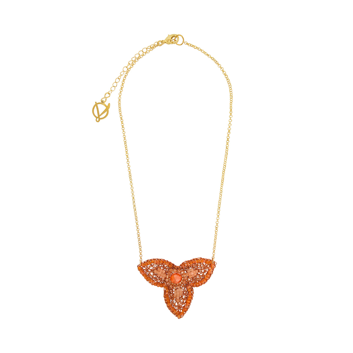 A gold chain necklace featuring a butterfly-shaped pendant adorned with sparkling orange crystals, displayed against a solid white background. Flamme Mix Orchid Pendant Necklace featuring a hand-crocheted three-petal floral pendant in copper-orange wire with peach and amber crystals on a delicate gold-tone chain.