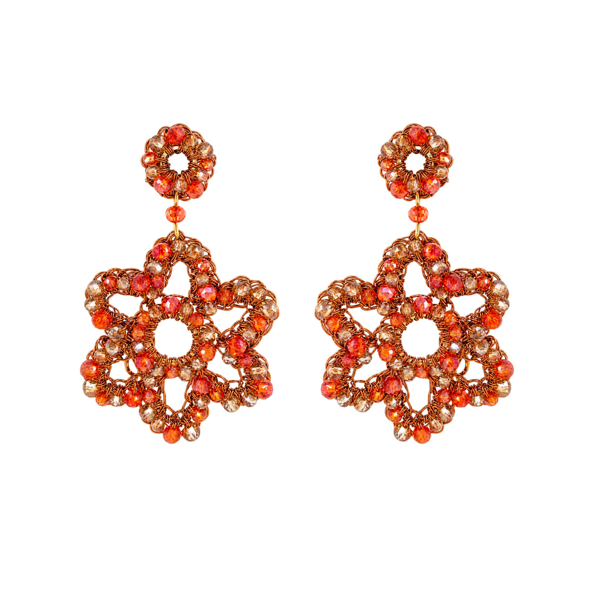 Flamme Mix Sunburst Bloom Earrings featuring hand-crocheted floral drop designs with vibrant orange, coral, and champagne crystals woven into gold-tone wire.