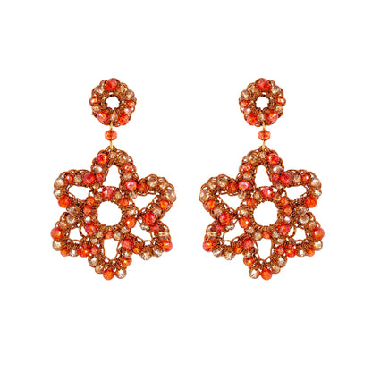 Flamme Mix Sunburst Bloom Earrings featuring hand-crocheted floral drop designs with vibrant orange, coral, and champagne crystals woven into gold-tone wire.