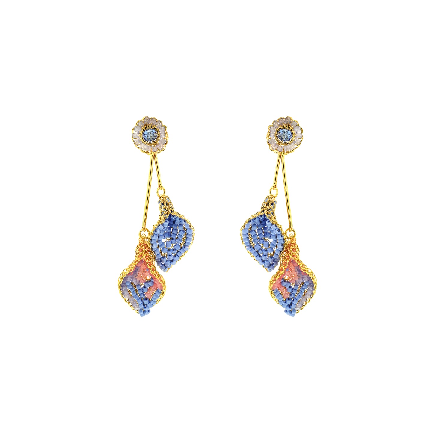Floral-Light-Pink-Blue-Gold-Tulip-Duo-Dangle-Handmade-Crochet-Earrings-18k-gold-filled-wire-hypoallergenic-lightweight-statement-soul-collection