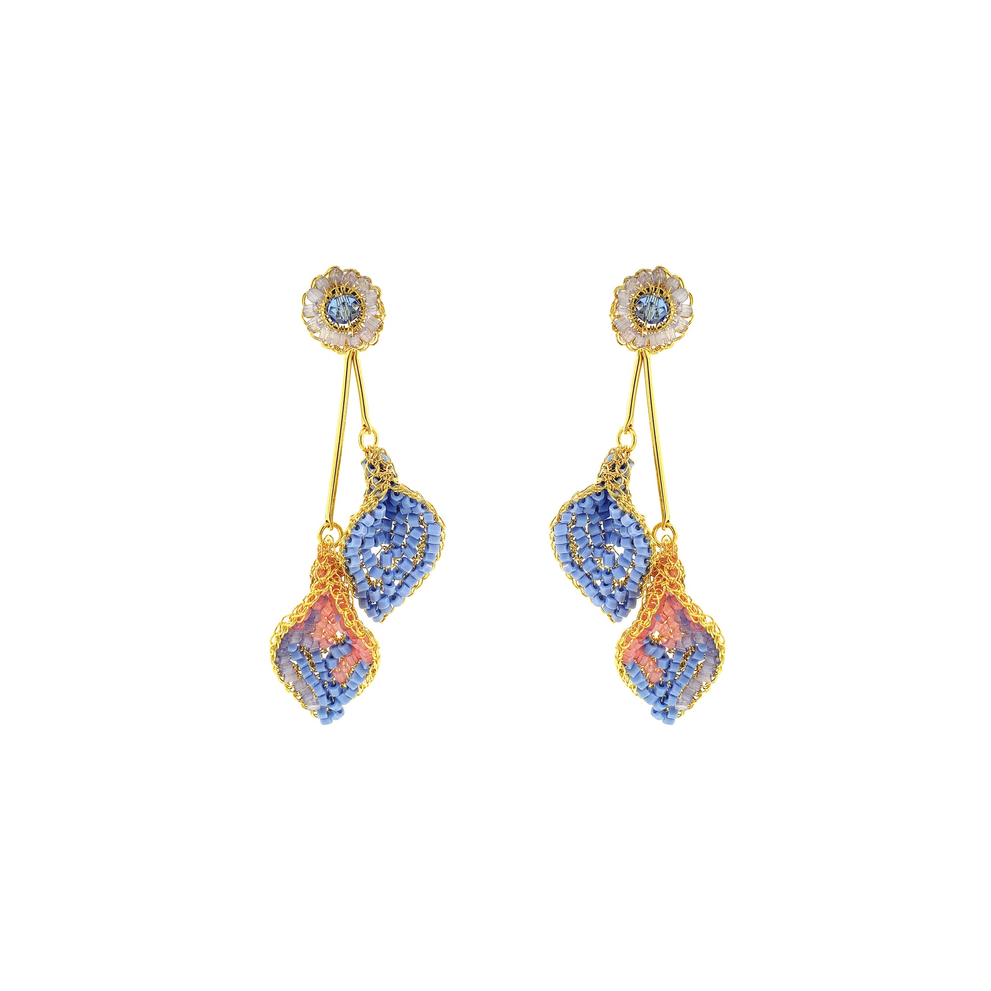 Floral-Light-Pink-Blue-Gold-Tulip-Duo-Dangle-Handmade-Crochet-Earrings-18k-gold-filled-wire-hypoallergenic-lightweight-statement-soul-collection