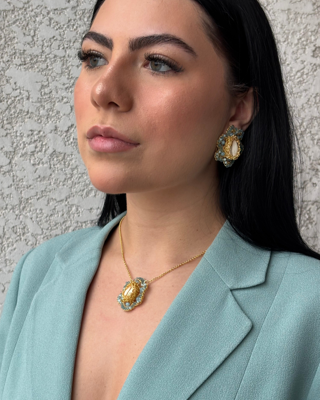 Flower-Aqua-Blue-Gold-Cowrie-Handmade-Crochet-Necklace-Earrings-model-18k-gold-filled-wire-hypoallergenic-lightweight-statement-soul-collection