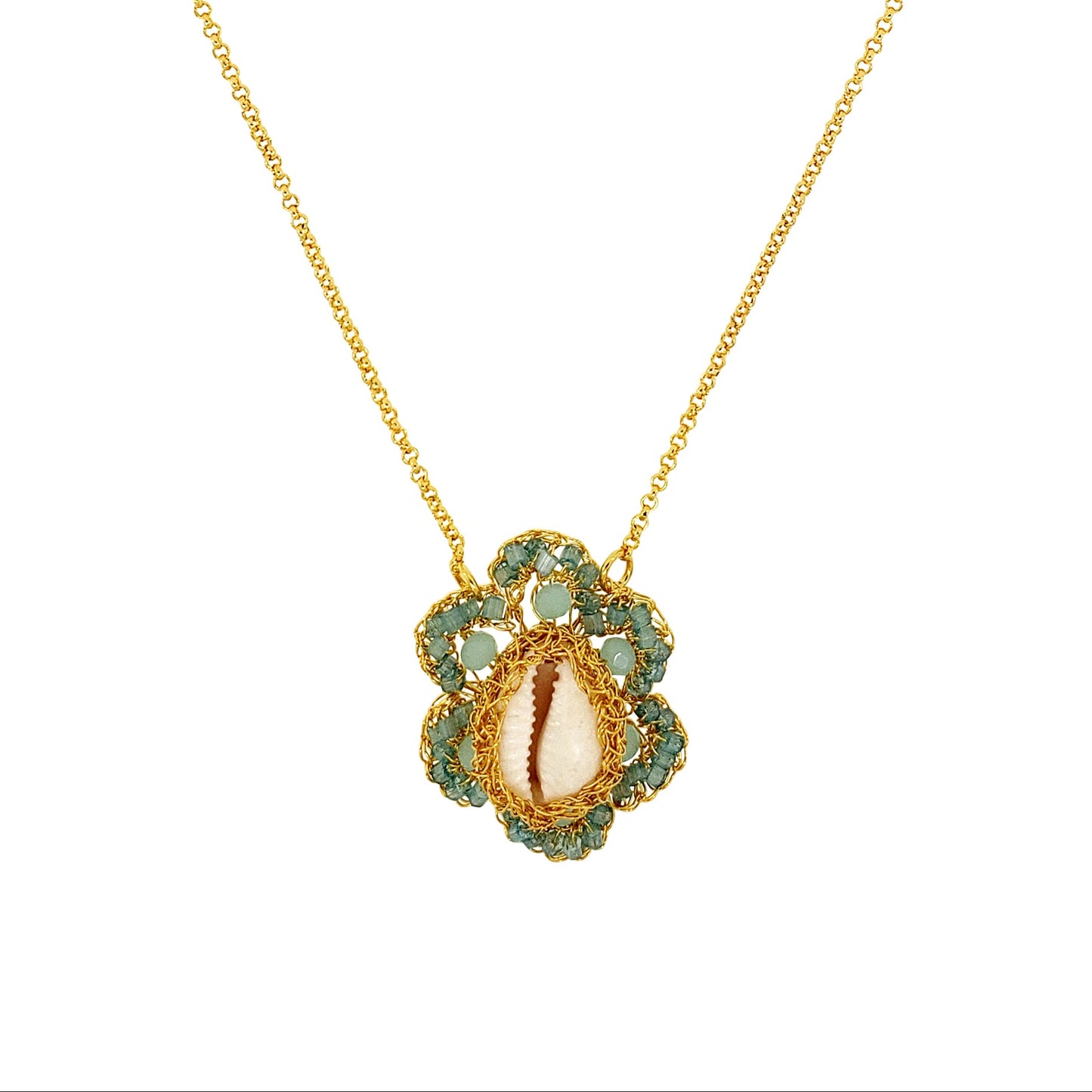 Flower-Aqua-Blue-Gold-Cowrie-Handmade-Crochet-Necklace-detail-18k-gold-filled-wire-hypoallergenic-lightweight-statement-soul-collection