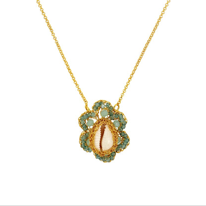 Flower-Aqua-Blue-Gold-Cowrie-Handmade-Crochet-Necklace-detail-18k-gold-filled-wire-hypoallergenic-lightweight-statement-soul-collection