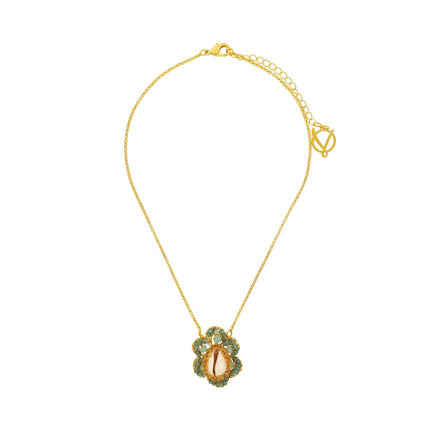 Flower-Aqua-Blue-Gold-Cowrie-Handmade-Crochet-Necklace-18k-gold-filled-wire-hypoallergenic-lightweight-statement-soul-collection