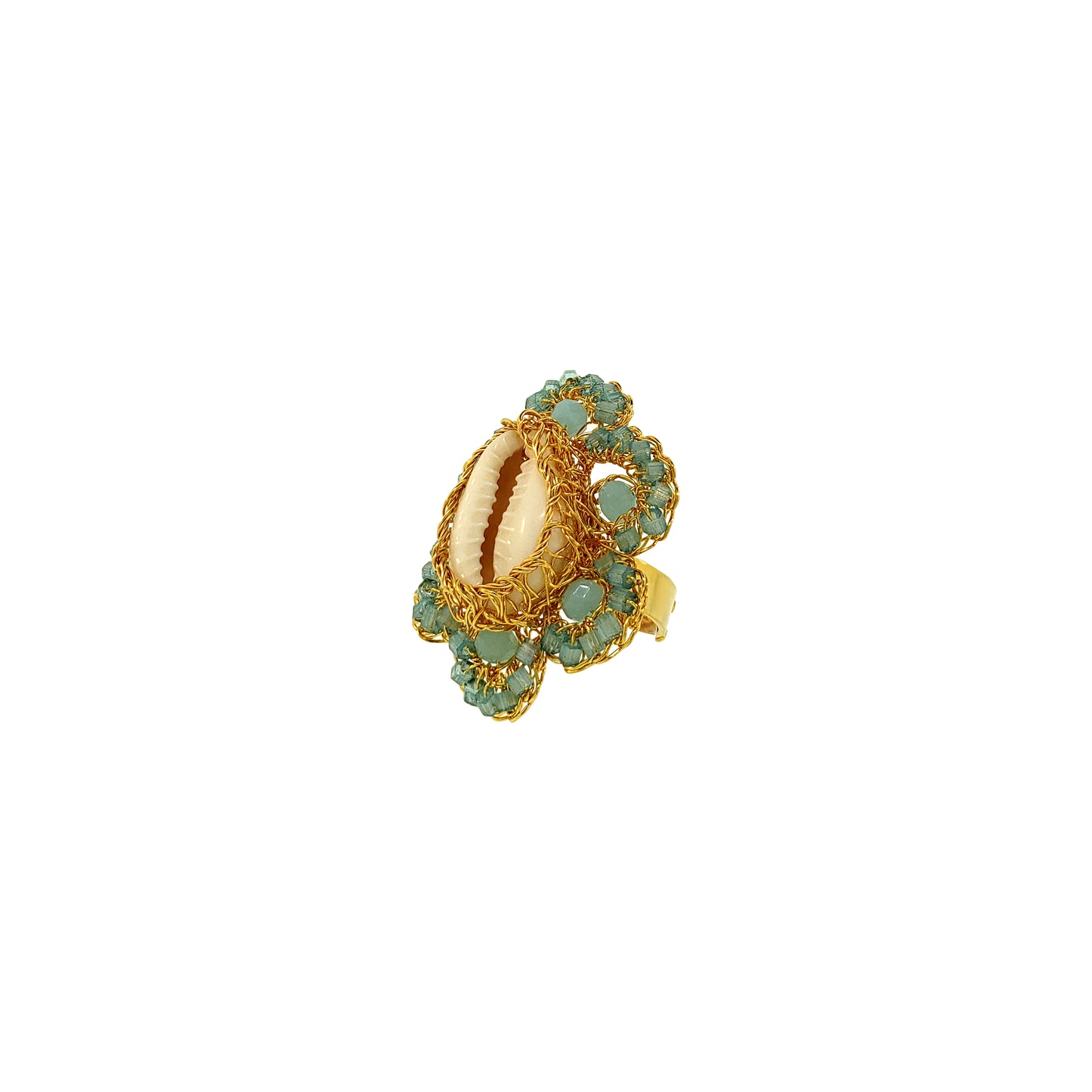 Flower-Aqua-Blue-Gold-Cowrie-Handmade-Crochet-Ring-18k-gold-filled-wire-hypoallergenic-lightweight-statement-soul-collection