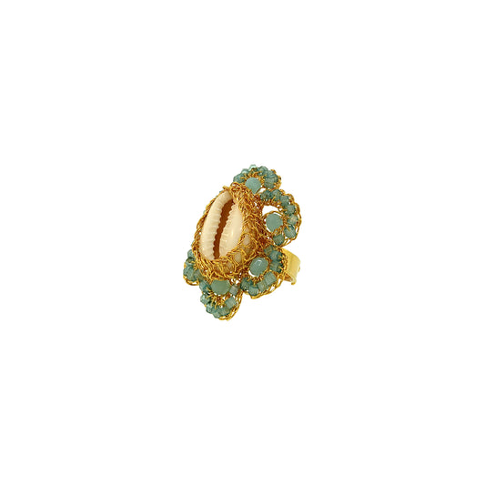 Flower-Aqua-Blue-Gold-Cowrie-Handmade-Crochet-Ring-18k-gold-filled-wire-hypoallergenic-lightweight-statement-soul-collection
