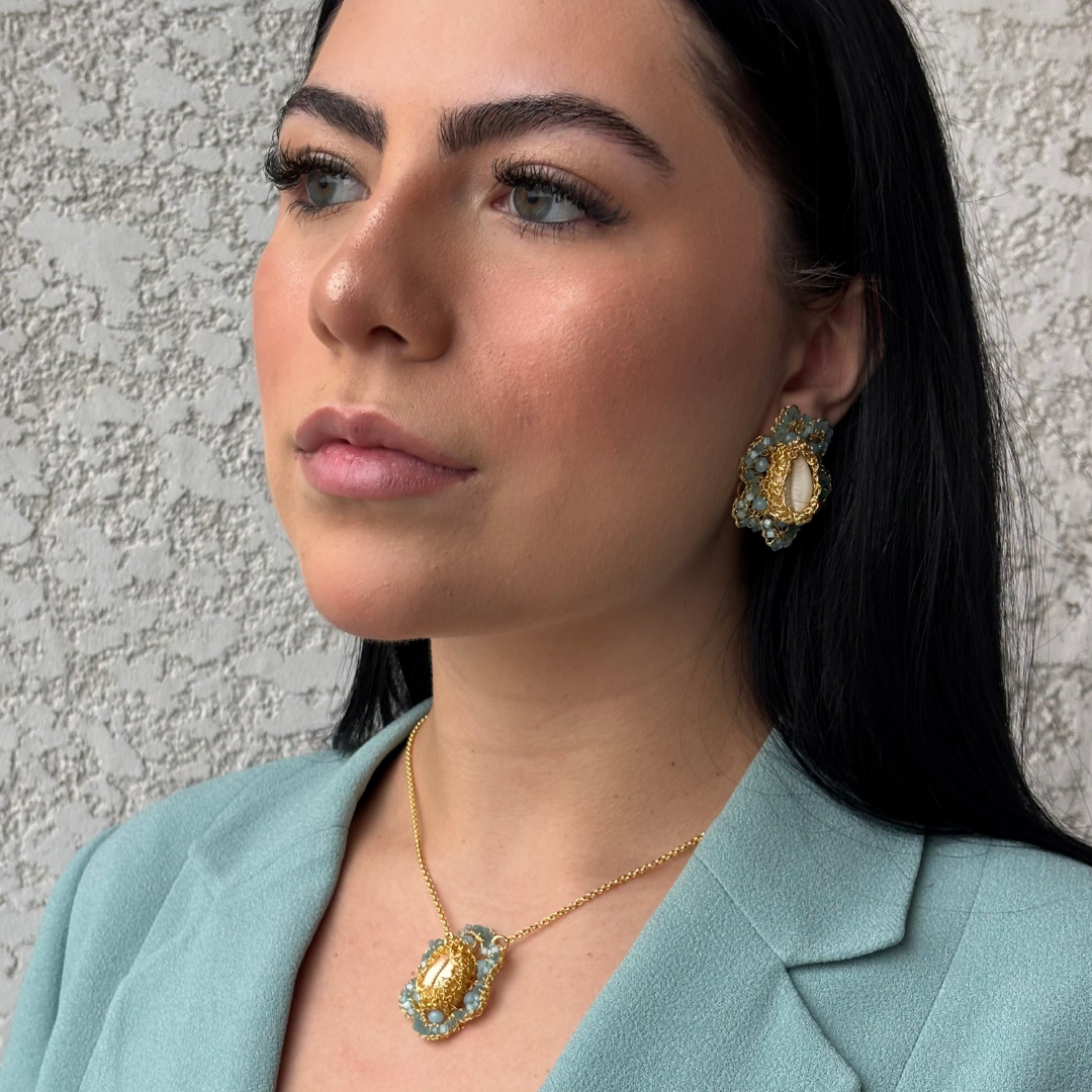 Flower-Aqua-Blue-Gold-Cowrie-Post-Handmade-Crochet-Earrings-Necklace-18k-gold-filled-wire-hypoallergenic-lightweight-statement-soul-collection-set-Model