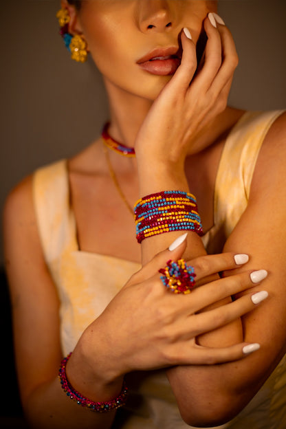 Flower-Blue-Yellow-Fuchsia-Drizzle-Handmade-Crochet-Ring-Bracelet-Necklace-Earrings-model-18k-gold-filled-wire-hypoallergenic-lightweight-statement-brazilian-soul-collection