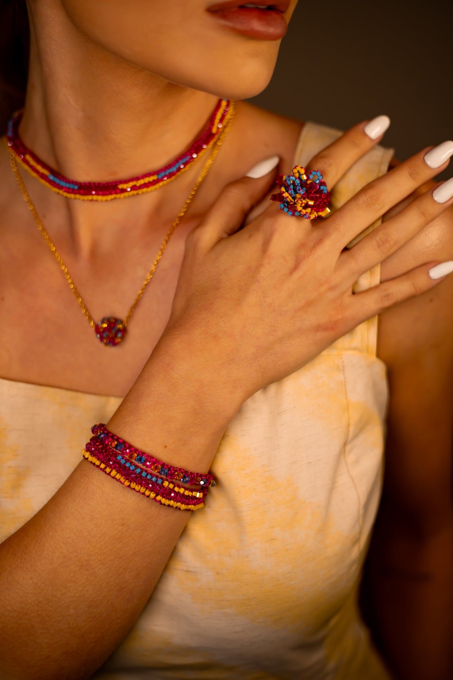 Flower-Blue-Yellow-Fuchsia-Drizzle-Handmade-Crochet-Ring-Bracelet-Necklace-model-18k-gold-filled-wire-hypoallergenic-lightweight-statement-brazilian-soul-collection
