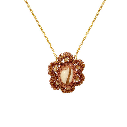 Flower-Bronze-Amber-Beige-Gold-Cowrie-Handmade-Crochet-Necklace-detail-18k-gold-filled-wire-hypoallergenic-lightweight-statement-soul-collection