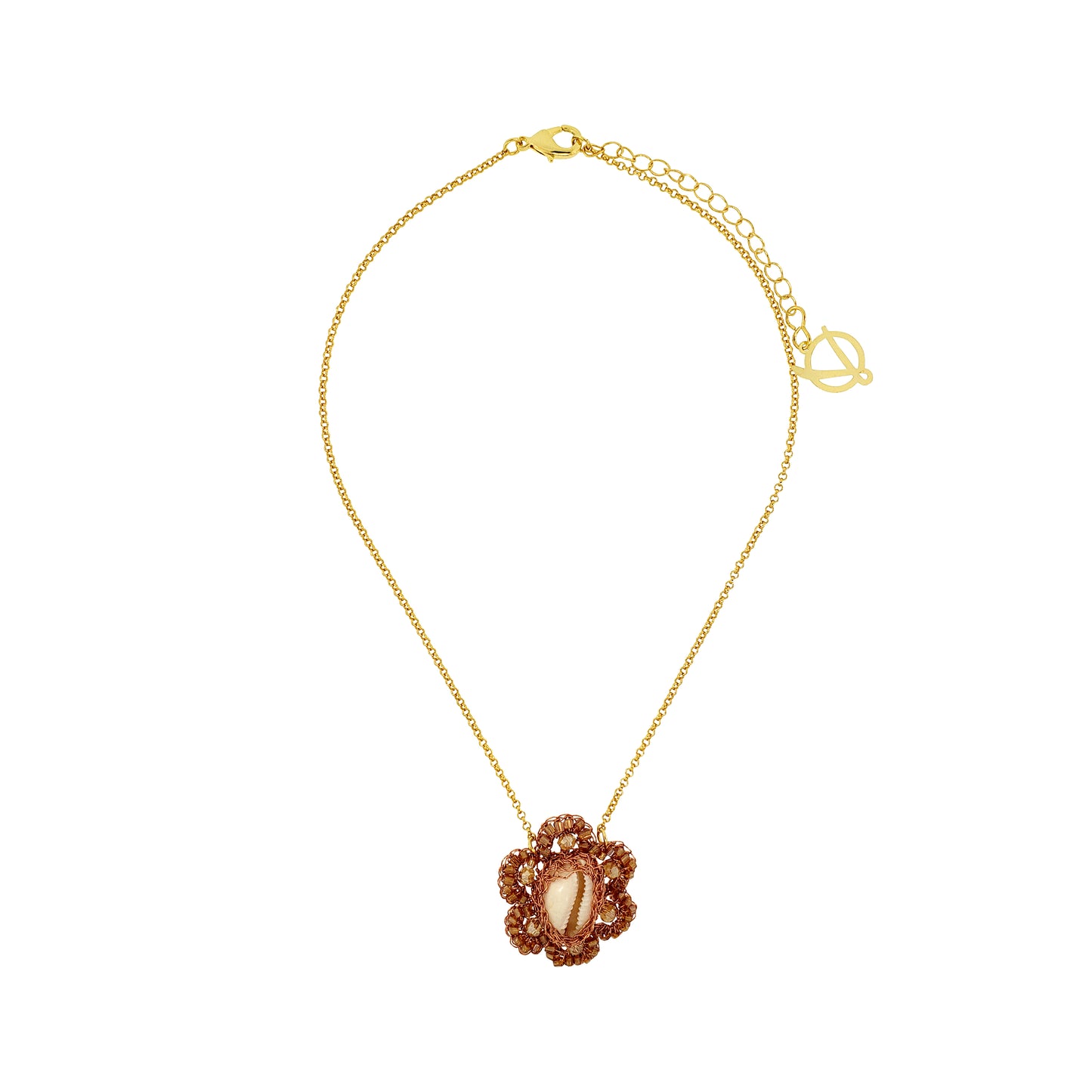 Flower-Bronze-Amber-Beige-Gold-Cowrie-Handmade-Crochet-Necklace-18k-gold-filled-wire-hypoallergenic-lightweight-statement-soul-collection