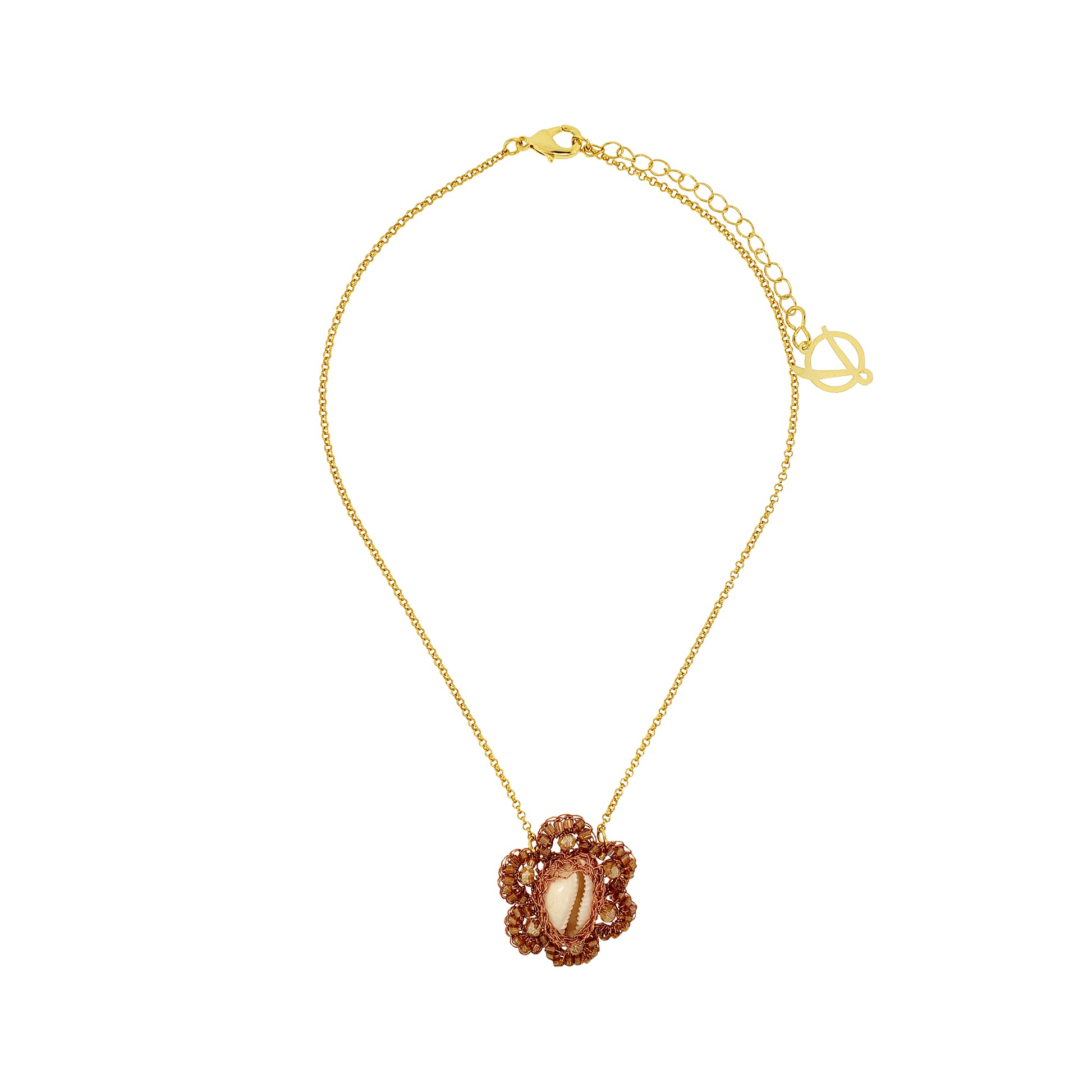 Flower-Bronze-Amber-Beige-Gold-Cowrie-Handmade-Crochet-Necklace-18k-gold-filled-wire-hypoallergenic-lightweight-statement-soul-collection
