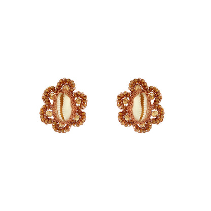 Flower-Bronze-Amber-Gold-Cowrie-Post-Handmade-Crochet-Earrings-18k-gold-filled-wire-hypoallergenic-lightweight-statement-soul-collection