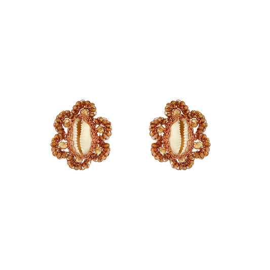 Flower-Bronze-Amber-Gold-Cowrie-Post-Handmade-Crochet-Earrings-18k-gold-filled-wire-hypoallergenic-lightweight-statement-soul-collection