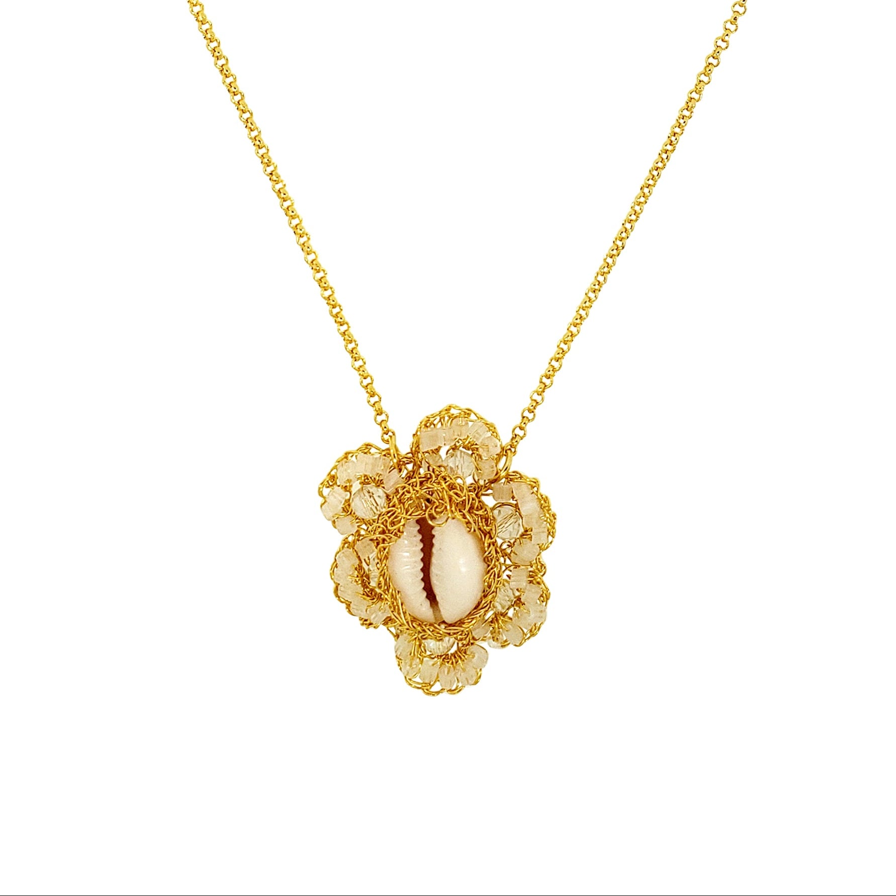 Flower-Cream-White-Gold-Cowrie-Handmade-Crochet-Necklace-detail-18k-gold-filled-wire-hypoallergenic-lightweight-statement-soul-collection