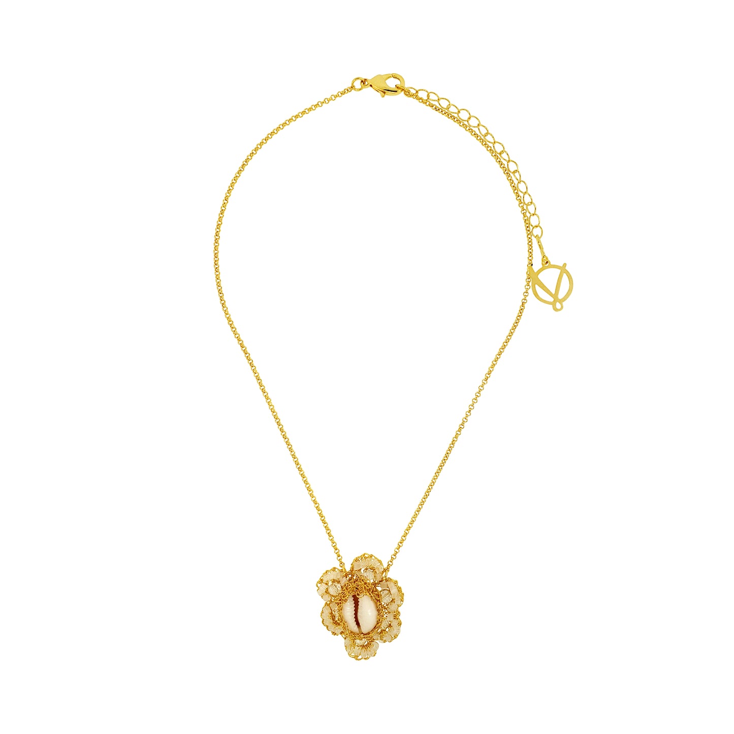Flower-Cream-White-Gold-Cowrie-Handmade-Crochet-Necklace-18k-gold-filled-wire-hypoallergenic-lightweight-statement-soul-collection