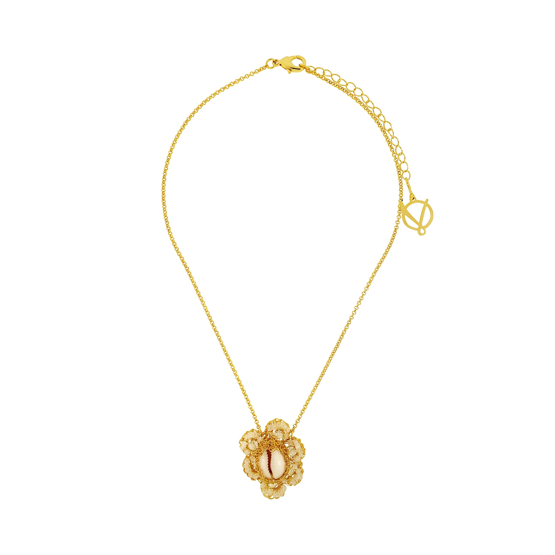 Flower-Cream-White-Gold-Cowrie-Handmade-Crochet-Necklace-18k-gold-filled-wire-hypoallergenic-lightweight-statement-soul-collection
